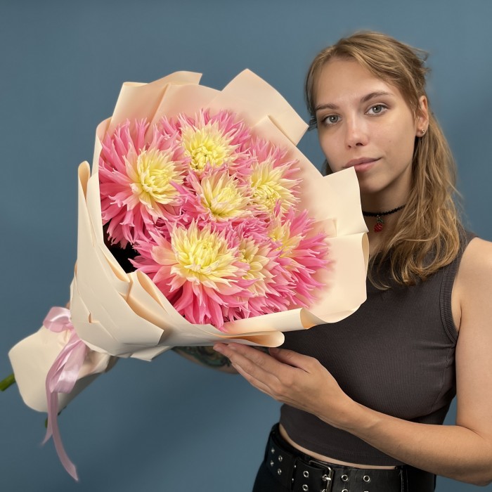 7 розово-желтых игольчатых георгин Джаст Меррид